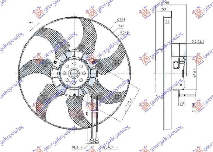 VENTILATOR (MOTOR + ELISA) 340mm 2 KABLA
